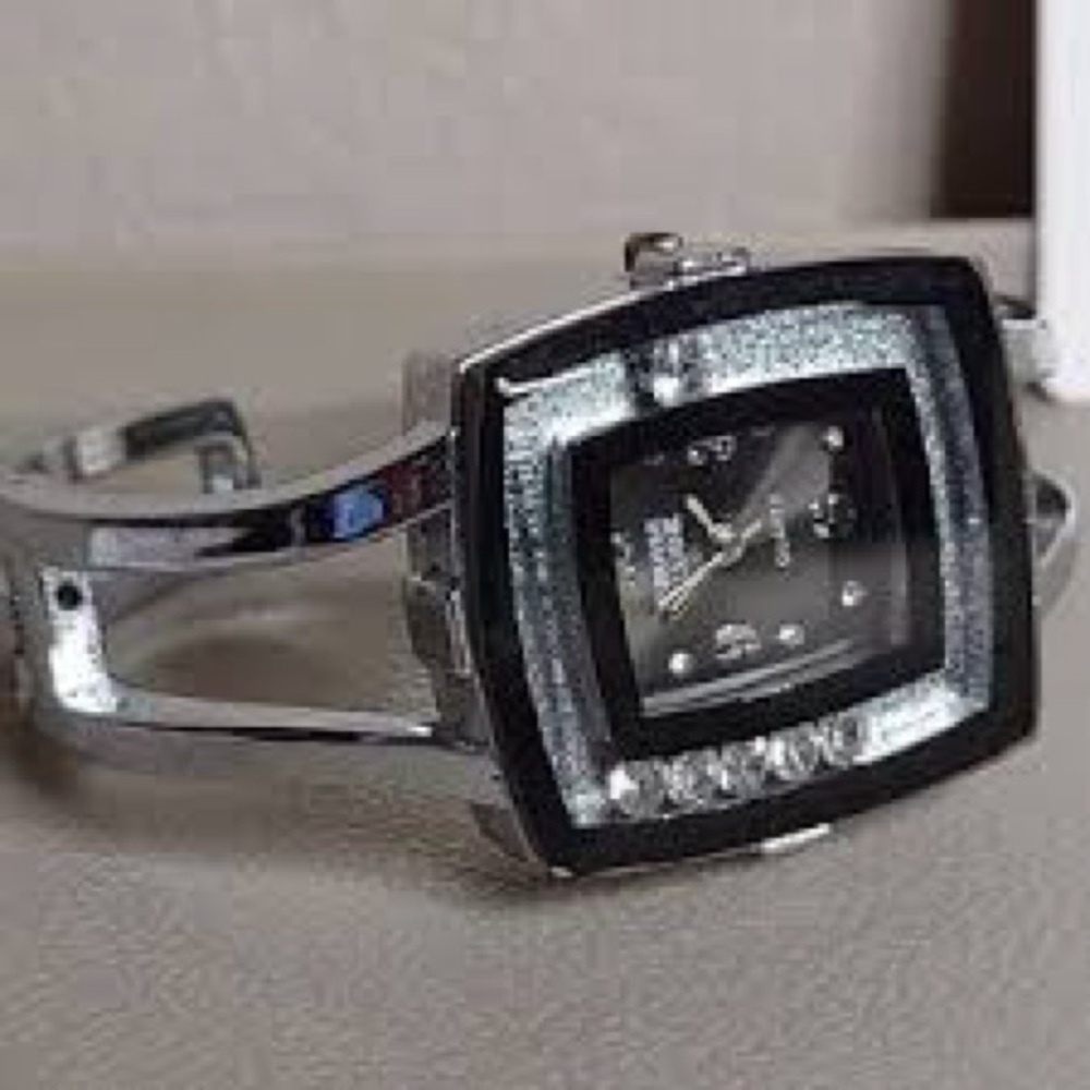 Silver-tone Black Dial Floating Crystal Hinge Bracelet Band Watch